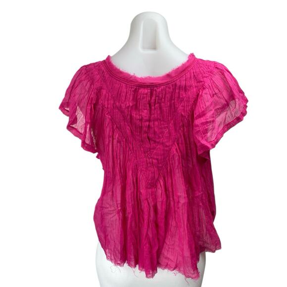 Free People Padma Pink Raw Hem Short Flutter Sleeve V-Neck Sheer Blouse Top Sz S - Picture 3 of 5